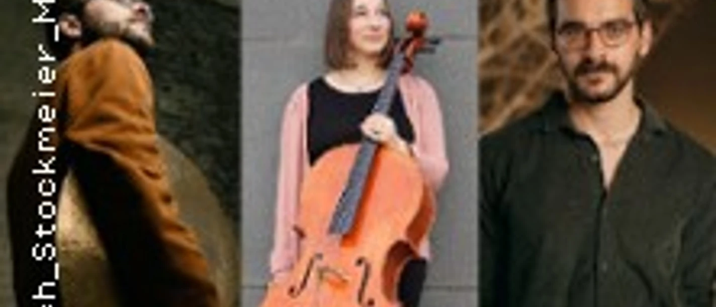 Drei Musiker in getrennten Porträts, eine Person mit Cello, zwei ohne Instrument.