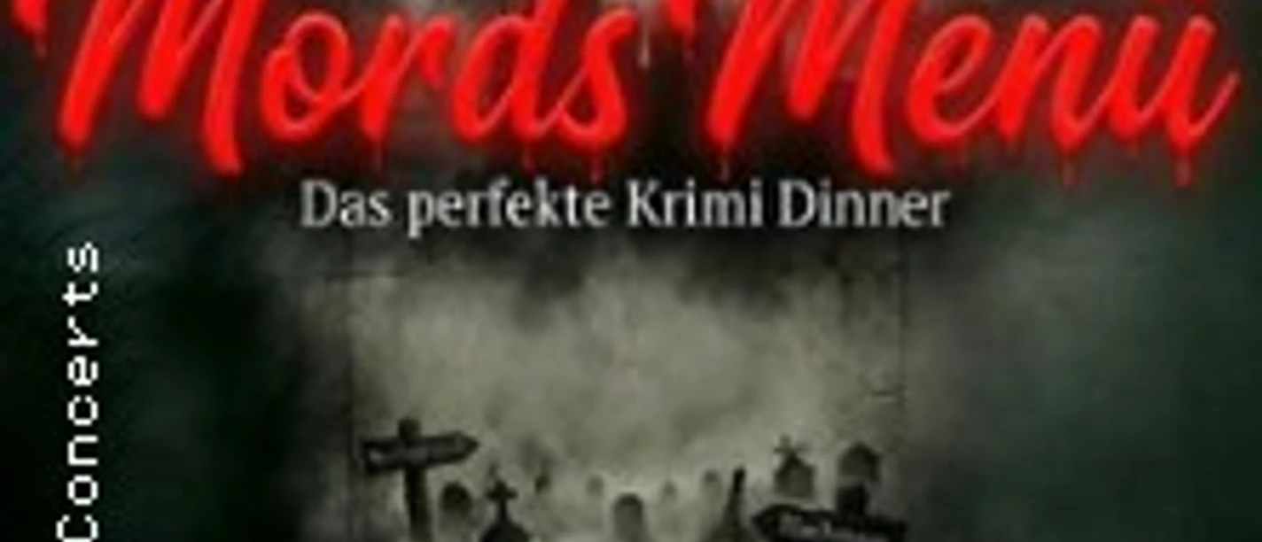 Roter Schriftzug Mords Menü über düsterer Grabsteinlandschaft mit nebligem Himmel.
