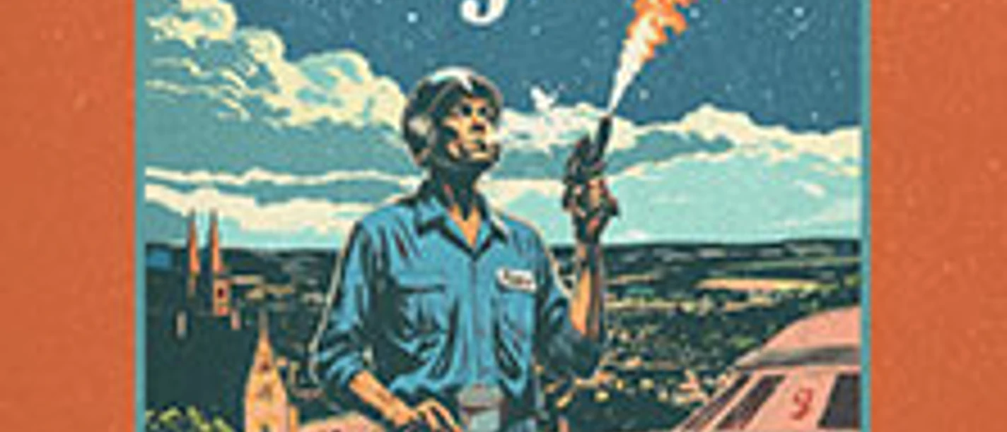 Poster mit einem Mann mit Fackel neben einem Auto vor Landschaft und Tourtitel