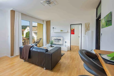 Ferienwohnung Egge Suite Helles Wohnzimmer mit Sofa, TV, Balkonzugang und moderner Einrichtung
