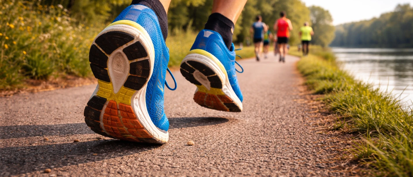 Marthonläufer (KI generiert-ChatGPT) Laufende Füße in blauen Sportschuhen auf einem Weg entlang eines Gewässers, im Hintergrund weitere Läufer.