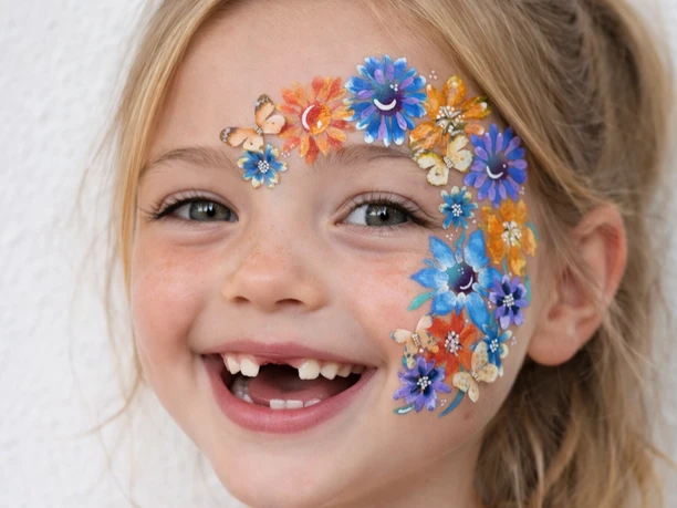 Facepainting Workshop Mädchen Ein lachendes Mädchen mit bunter Blumen-Gesichtsbemalung um das linke Auge, vor weißer Wand.