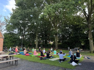 Yoga im Museumsgarten Eine Gruppe macht gemeinsam Yoga auf bunten Matten im Gras unter großen grünen Bäumen.