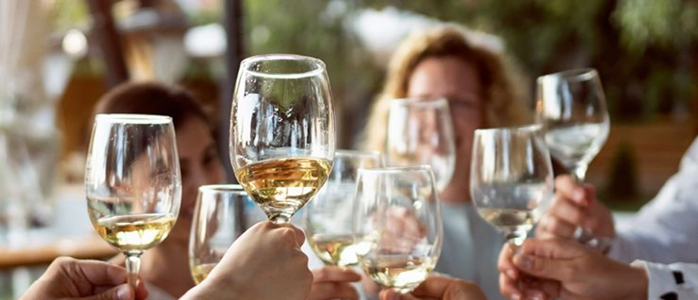 Das Genuss-Seminar Gruppe hebt Gläser mit Weißwein zum gemeinsamen Anstoßen in entspannter Runde.