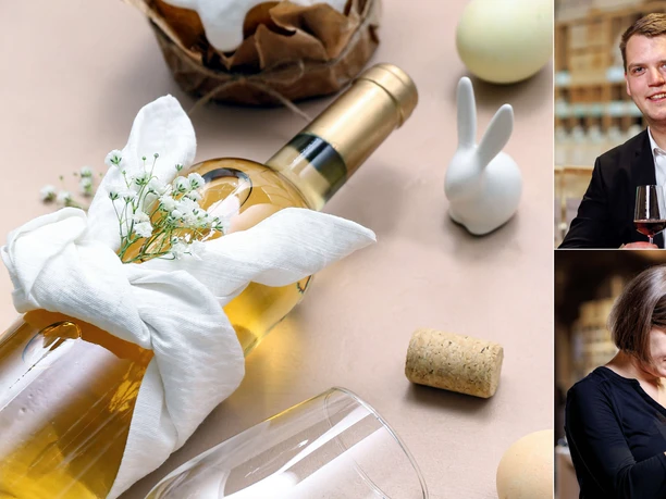 Stand-up-Tasting im Kölner Weinkeller - Ostern Weinflasche mit Osterdeko und zwei Personen beim Verkosten von Wein im Kellerambiente