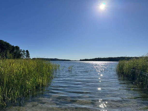 Ein Ausblick über den Schaalsee bei strahlendem Sonnenschein.