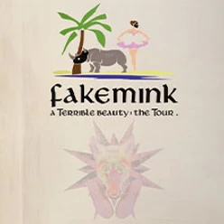 Logo mit Palme, Nashorn und Ballerina über dem Schriftzug fakemink a Terrible Beauty.