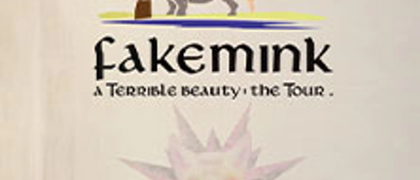 Logo mit Palme, Nashorn und Ballerina über dem Schriftzug fakemink a Terrible Beauty.