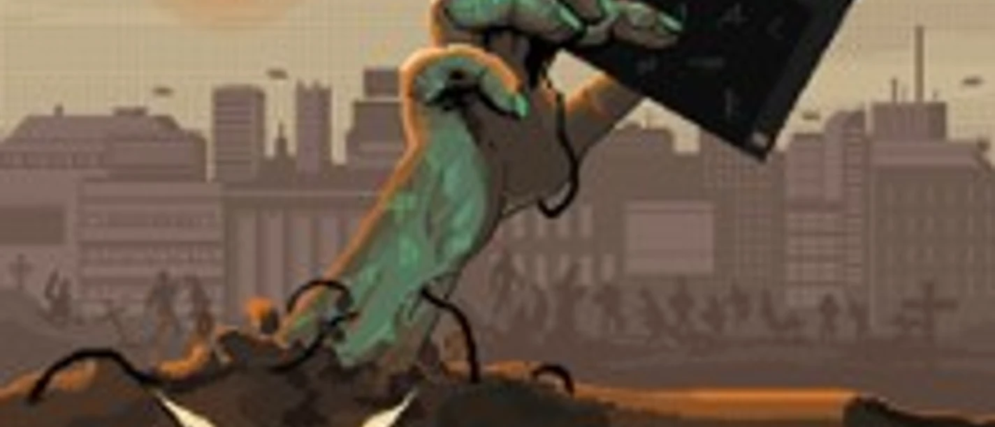 Zombiehand erhebt eine Diskette vor einer Stadtkulisse unter roter Sonne als Tourmotiv.