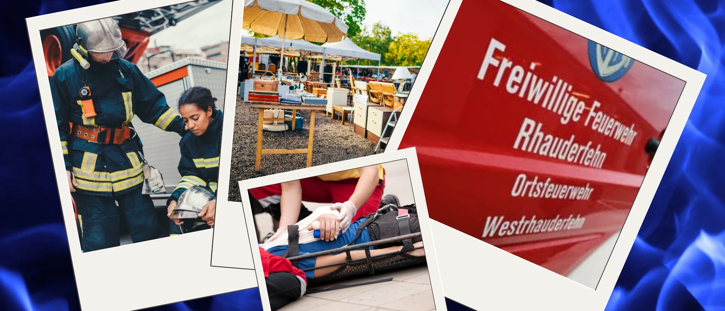 Tag der Retter zum Feuerwehr Jubiläum.png Fotocollage zum 150. Jubiläum der Feuerwehr Westrhauderfehn mit Einsatzkräften und Marktstand.