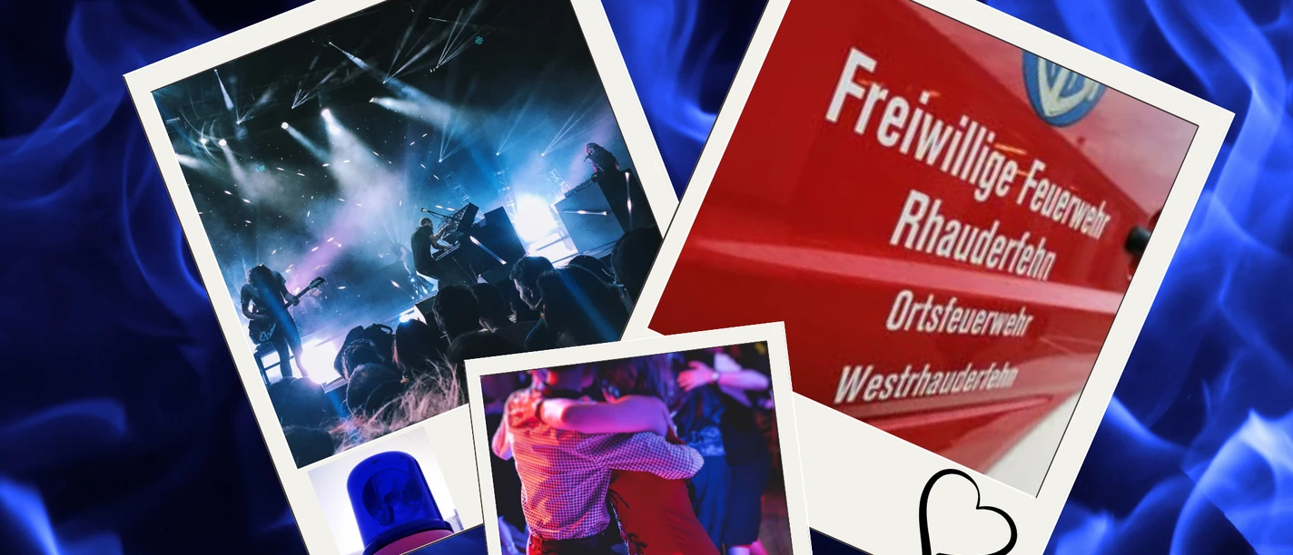 Festball 150 jähriges Jubiläum.png Plakat zum 150. Jubiläum der Feuerwehr Westrhauderfehn mit Fotos von Party, Tanz und Feuerwehrauto.