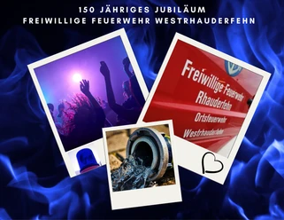 Party Feuerwehr 150 jähriges Jubiläum 150 Jahre Feuerwehr Westrhauderfehn: Fotocollage mit Zeltdisco, Einsatzwagen und Wasser.