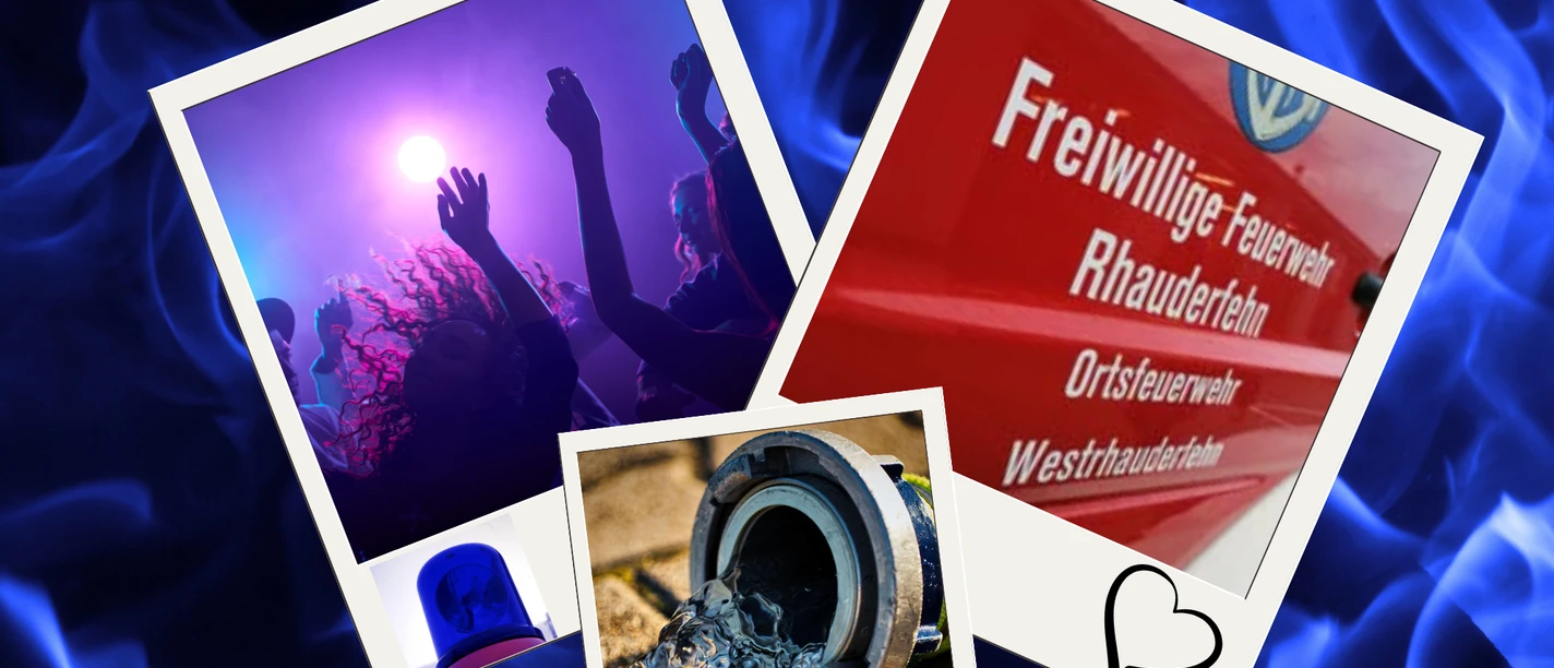 Party Feuerwehr 150 jähriges Jubiläum 150 Jahre Feuerwehr Westrhauderfehn: Fotocollage mit Zeltdisco, Einsatzwagen und Wasser.