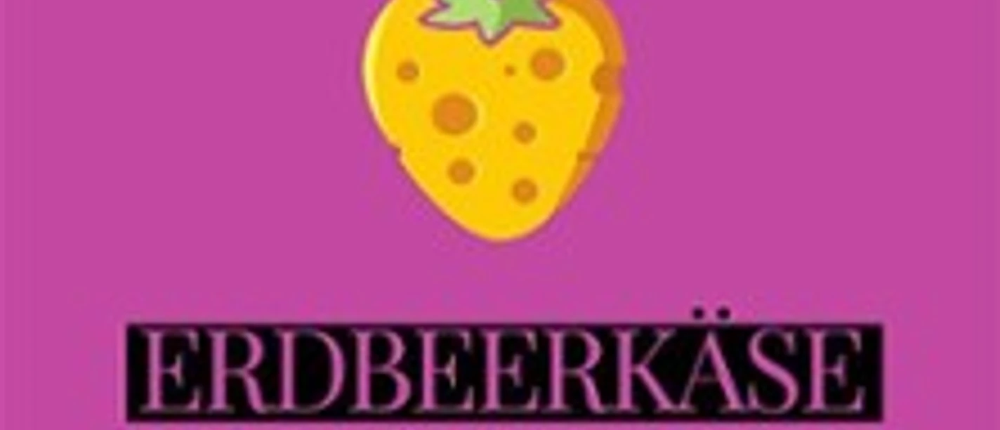 Gelbe Erdbeere auf pinkem Hintergrund mit schwarzer Aufschrift Erdbeerkäse Der TrashTV Podcast