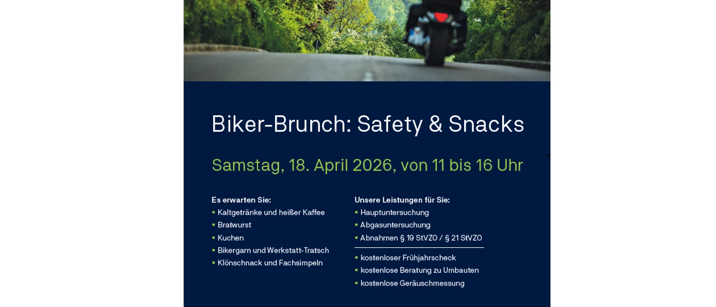 Biker-Brunch.png Poster für den Biker-Brunch: Safety & Snacks beim TÜV Nord mit Motorradfahrer auf Landstraße.