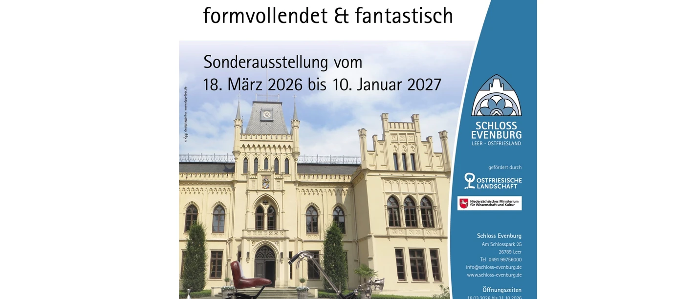 Ausstellung Fahrrad A3 E03_1.jpg Ausstellungsplakat mit einem historischen Fahrrad vor Schloss Evenburg.