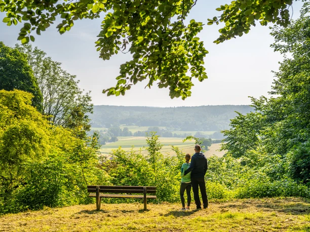 Bad Driburg-Buddenberg Arboretum-Teutoburger-Wald-Bad-Driburger-Touristik-GmbH Paar blickt vom Buddenberg Arboretum über Felder und bewaldete Hügel.