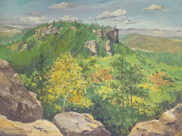 Ausstellung Gohrisch Brigitta Arnold Gemaltes Bild mit Sandsteinfelsen