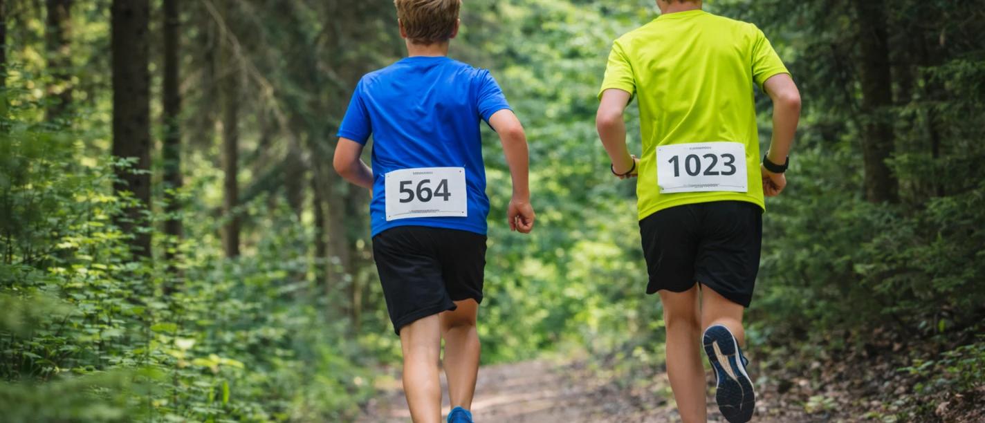 Läufer im Wald (KI- generiert) Zwei junge Männer von hinten laufen im Wald
