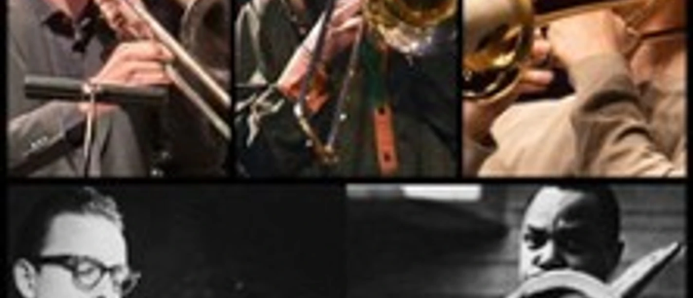 Collage mit fünf Posaunenspielenden, aufgenommen in Farbe und Schwarzweiß während Konzertszenen
