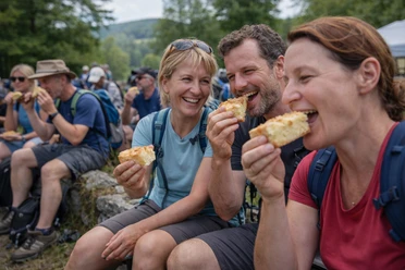 Volkssportwanderung Zuckerkuchentour (KI-erstelltes Bild) 3 Personen im Vordergrund essen Zuckerkuchen, im Hintergrund andere Wanderer