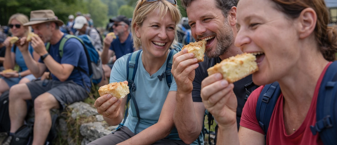 Volkssportwanderung Zuckerkuchentour (KI-erstelltes Bild) 3 Personen im Vordergrund essen Zuckerkuchen, im Hintergrund andere Wanderer