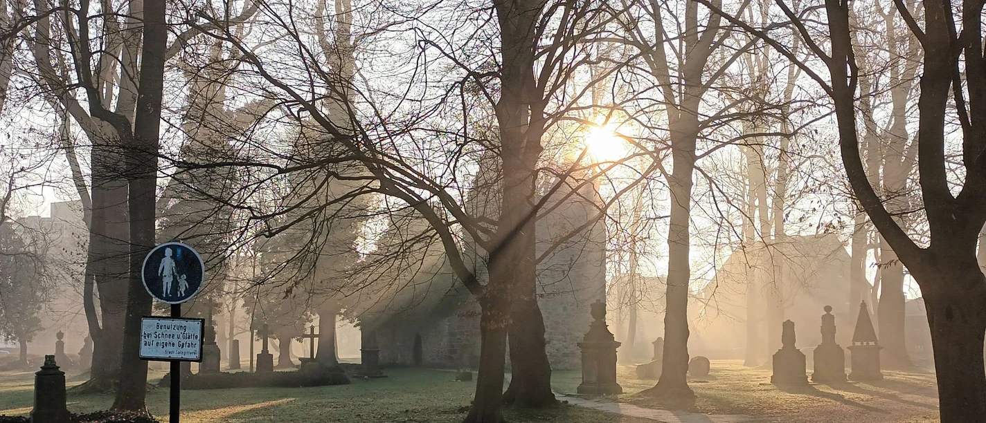 Vöppstedter Ruine (51)_HD_16zu9.jpg Sonnenlicht fällt durch kahle Bäume auf alte Grabsteine und die steinerne Vöppstedter Ruine im Nebel.