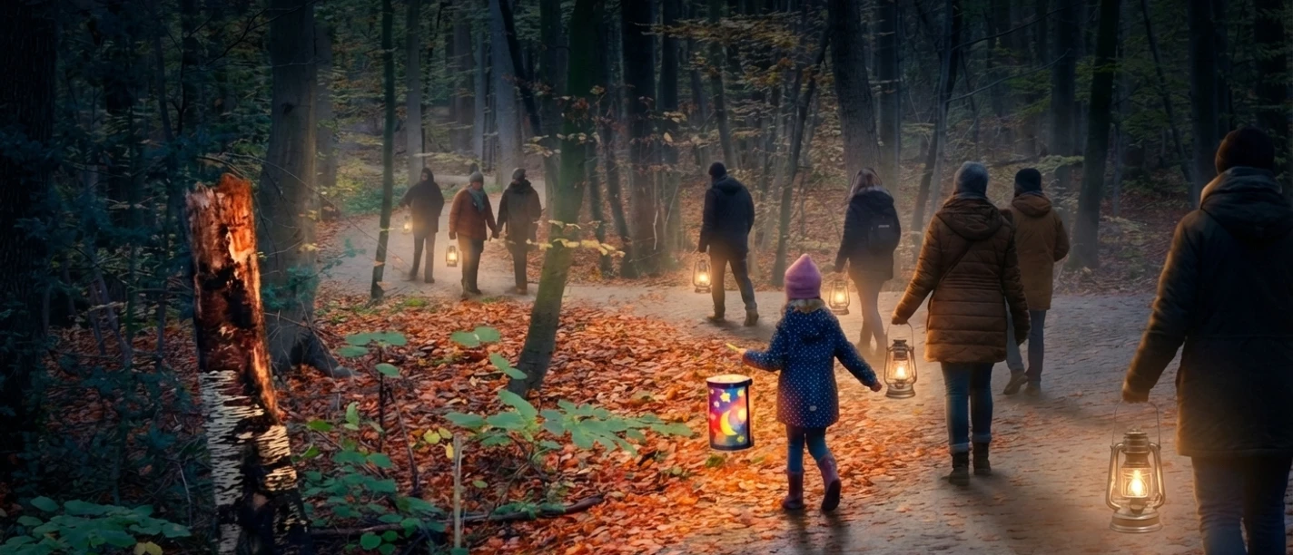 Laternenwanderung im Schlosspark bei Dunkelheit Menschen mit leuchtenden Laternen bei einem Abendspaziergang im herbstlichen Wald.