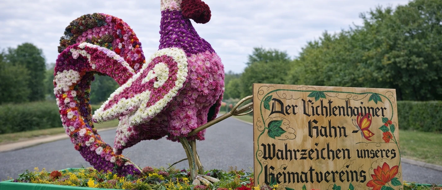 Wahrzeichen Lichtenhainer Blumenfest Großer Hahn aus Blüten mit Schild "Der Lichtenhainer Hahn Wahrzeichen unseres Heimatvereins"