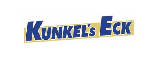 Kunkel´s Eck Schriftzug Kunkel’s Eck in blauen Buchstaben mit gelber Kontur auf hellem Hintergrund.