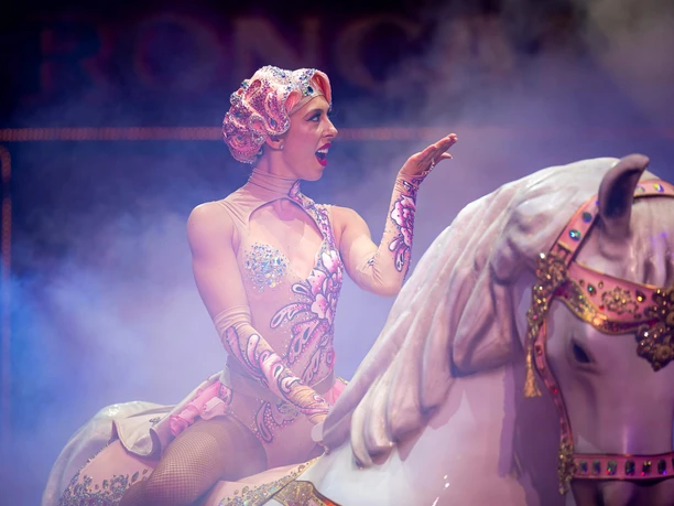 Illusion, Circus Theater Roncalli Artist in glittering pink costume rides in the stage fog on an elaborately decorated horse.