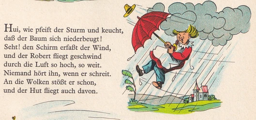 Der fliegende Robert, aus: Der Struwwelpeter. Erste Schweizer Ausgabe, neu bearbeitet nach Vorlagen von Dr. H. Hoffmann, hrsg. von J. K. Schiele, Zürich: Globi Verlag, 3. Auflage 1947, Privatbesitz (Detail)