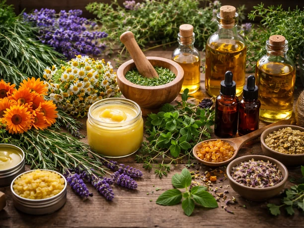 Kräuterheilkunde auf rustikalem Tisch