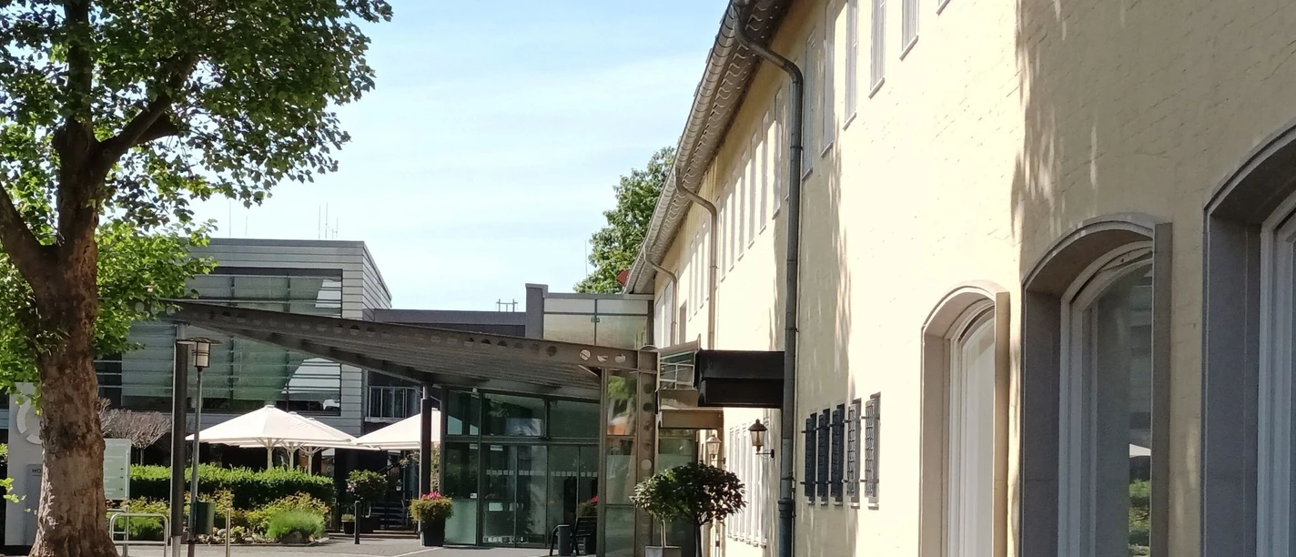 Eingangsbereich des Hotels am See in Salzgitter mit gelber Fassade, Vordach und alten Bäumen.