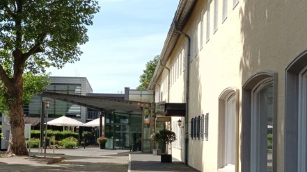 HotelamSee_HD_16zu9.jpg Eingangsbereich des Hotels am See in Salzgitter mit gelber Fassade, Vordach und alten Bäumen.