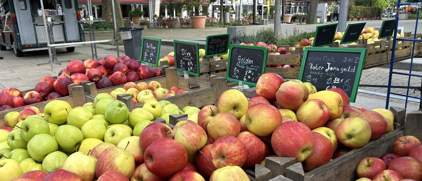 IMG_5793 (c) Tanja Mehl_Erlebnis Bremerhaven_WEB.jpg Verschiedene Äpfel in der Wochenmarktauslage