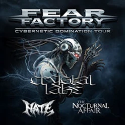 Poster mit futuristischem Cyborg und Logos der Bands Fear Factory, Hate und The Nocturnal Affair
