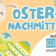 Oster-Nachmittag Grafik mit Text Oster-Nachmittag, gezeichnetem Hasen auf bunten Ostereiern und Logo Stadtbibliothek.