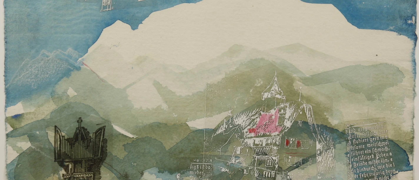 Hans Küchler: Berglandschaft, 1980er-Jahre. Collage aus bedruckter Plastikfolie auf aquarelliertem Papier, 21.2 x 30 cm, Kunstmuseum Olten © Katrin Küchler