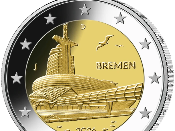 Klimahaus Architektur_2_Euro Bremen 2026 BS.jpg 2-Euro-Münze mit dem markanten Klimahaus Bremerhaven, Vögeln, Fischen und der Aufschrift Bremen 2026.