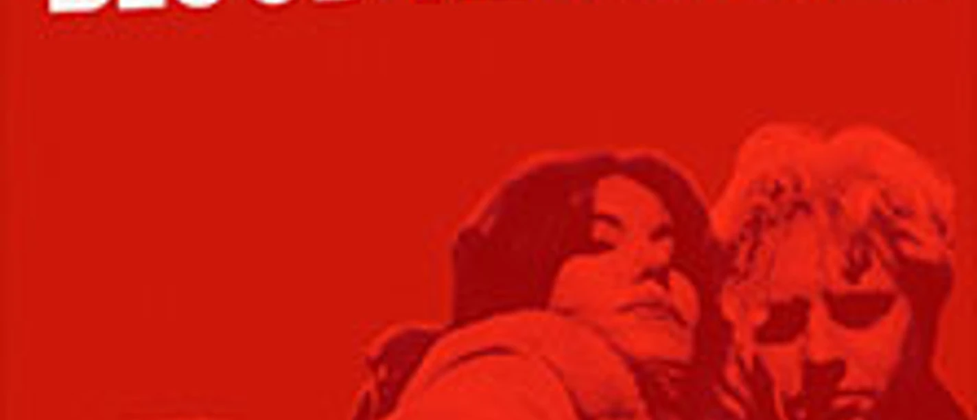 Rotes Motiv mit zwei Personen in Nahaufnahme und großem weißen Blood Red Shoes Schriftzug