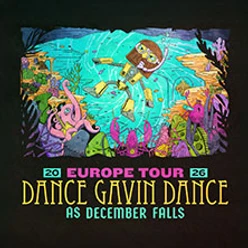 Buntes Unterwassermotiv mit tauchender Figur und Tourtitel Dance Gavin Dance Europe 2026