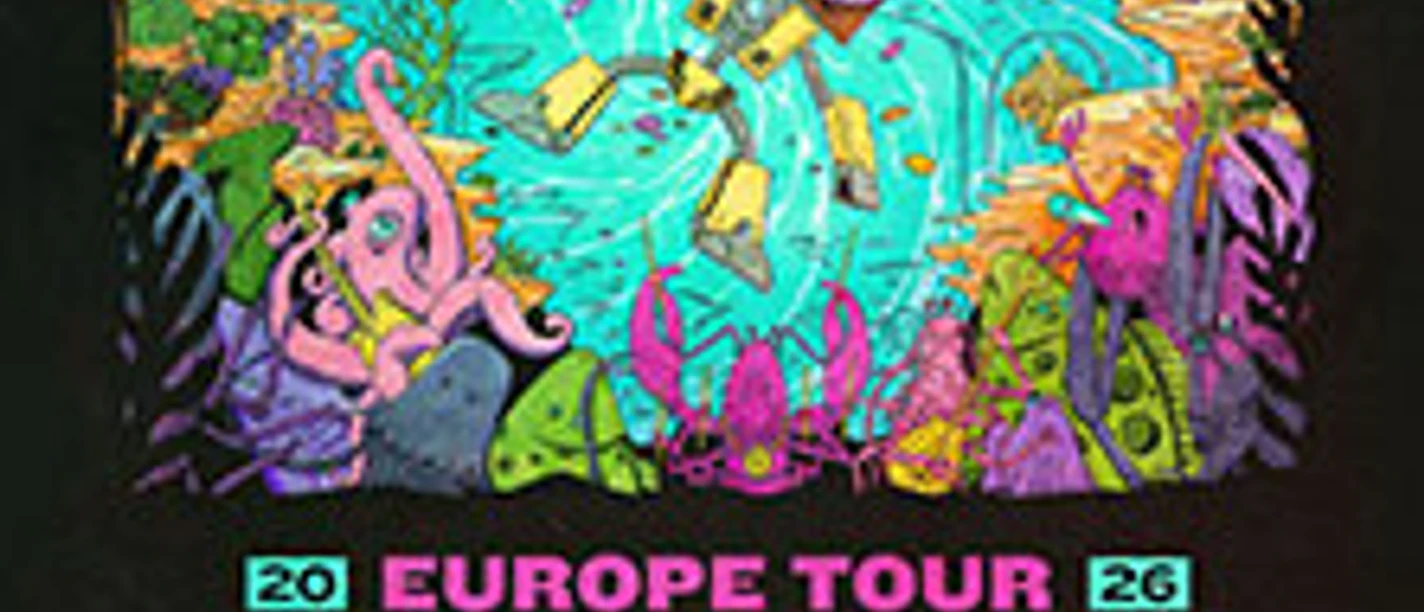 Buntes Unterwassermotiv mit tauchender Figur und Tourtitel Dance Gavin Dance Europe 2026