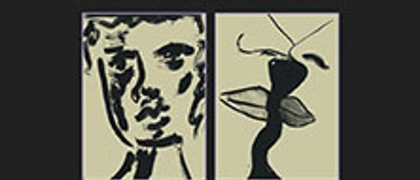 Grafische Collage mit abstrakten Porträts und organischen Formen vor dunklem Hintergrund