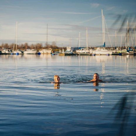 Anbaden im Cospudener See - Leipziger Neuseenland Ein Paar schwimmt im Winter im Cospudener See im Leipziger Neuseenland und im Hintergrund ist der Hafen mit den Segelbooten zu sehen