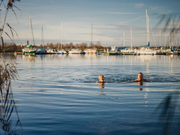 A couple swims in winter in Lake Cospuden in Leipzig's Neuseenland and the harbor with the sailboats can be seen in the background