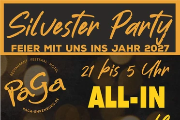Flyer zur Silvesterparty 2026/2027 mit Details zu Tickets, DJ, Buffet und Bustransfer.