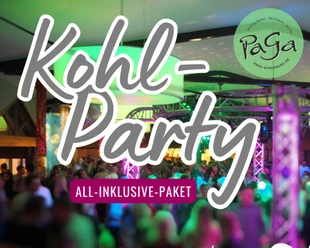 Kohlparty2027_PaGa.png Werbegrafik zur Kohl-Party: Tanzende Menge, All-Inklusive-Paket und Bollerwagen-Silhouette.