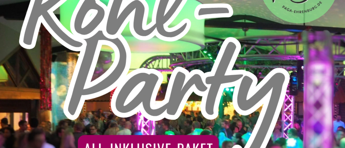 Kohlparty2027_PaGa.png Werbegrafik zur Kohl-Party: Tanzende Menge, All-Inklusive-Paket und Bollerwagen-Silhouette.