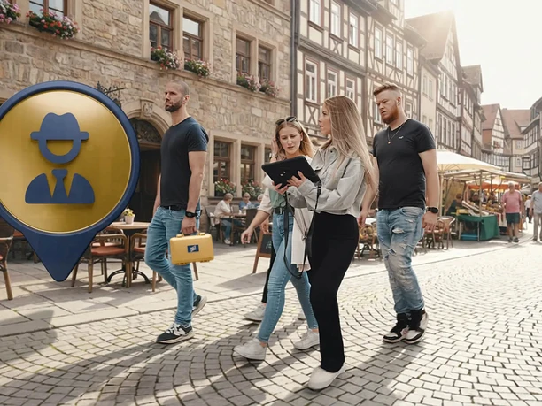 outdoor escape game Group of young people walk through historic alleyway and use tablet next to large notice icon